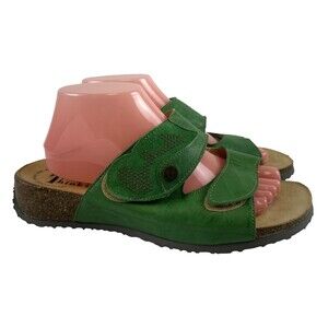 Think! Slide Sandal Green Leather Studded Adjustable Comfort Womens 41 US 10